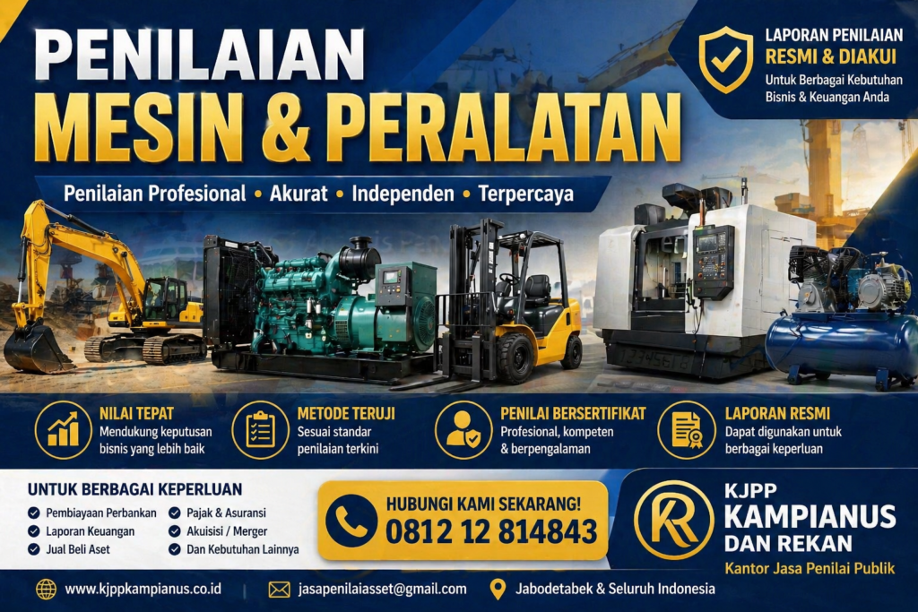 Proses inspeksi fisik dan penilaian mesin produksi industri oleh tim penilai publik KJPP Kampianus dan Rekan.